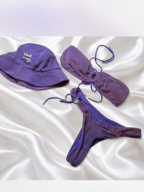 Black bough terry Y2K Purple Textured Bikini Set with Matching Bucket Hat
